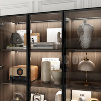 Geyma 78.7" Modern Brown Display Case with LED Lights & 4 Tempered Glass Doors