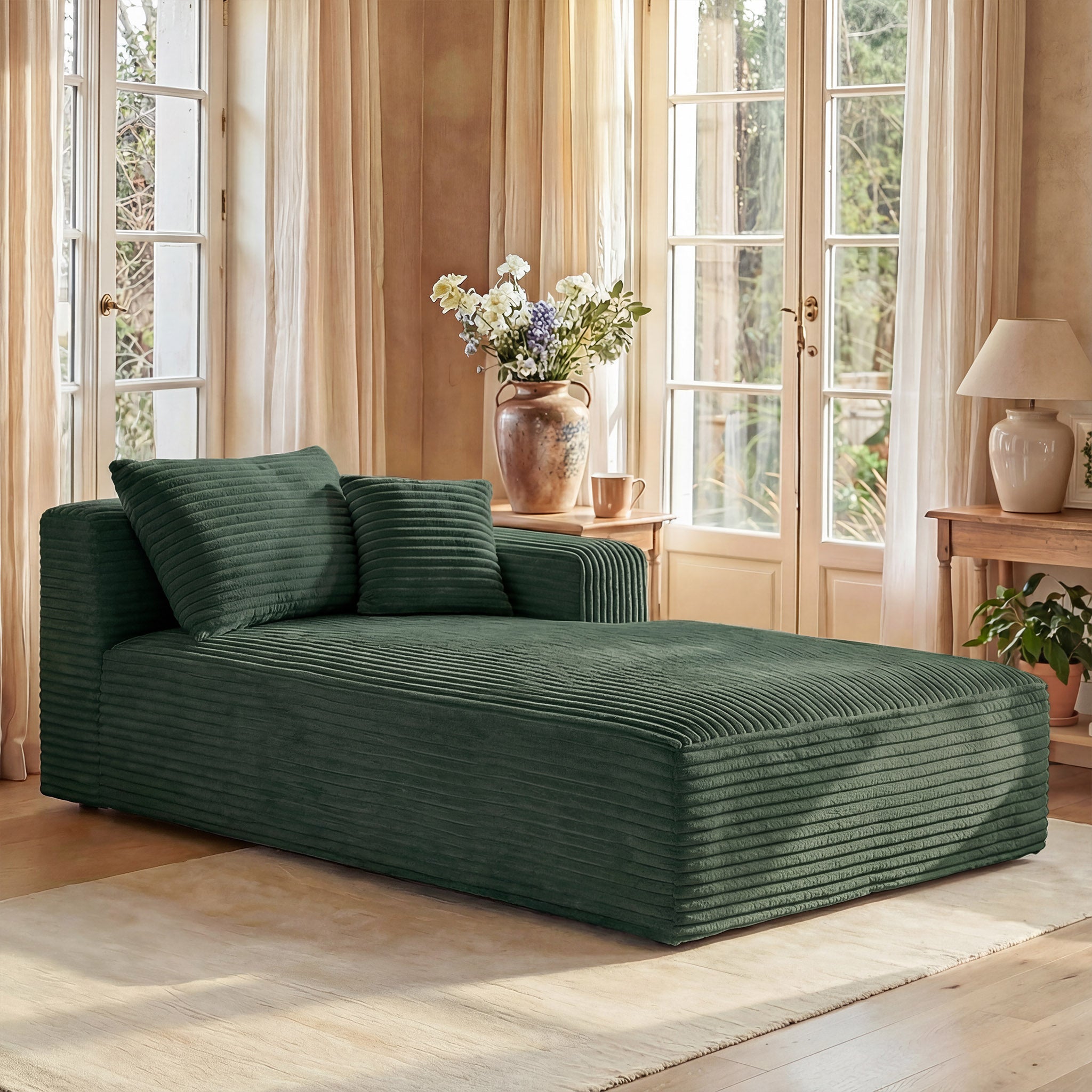 Upholstered Arm Sofa Chaise With Two Pillows