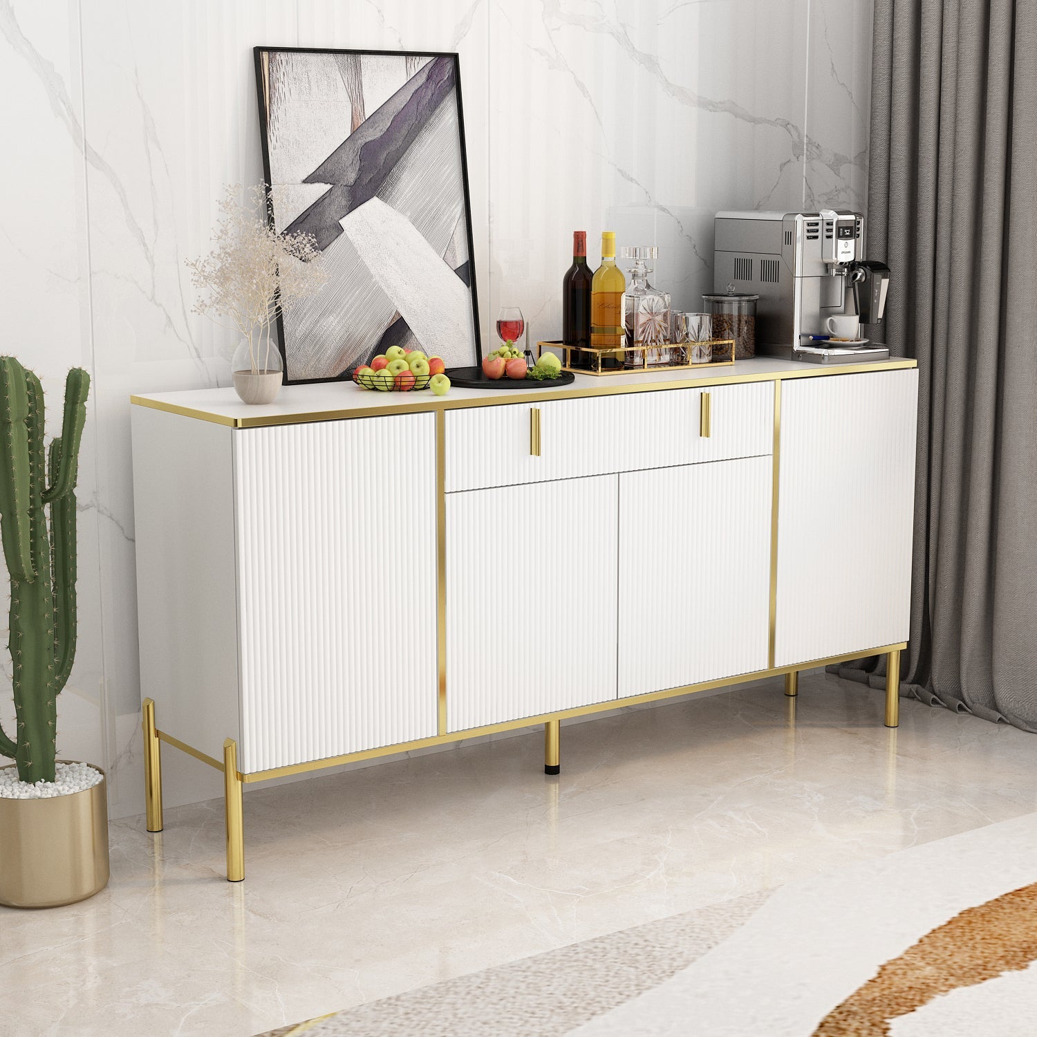 Wide Sideboard Buffet Storage Cabinet in Black with Drawer & Pop-up Doors