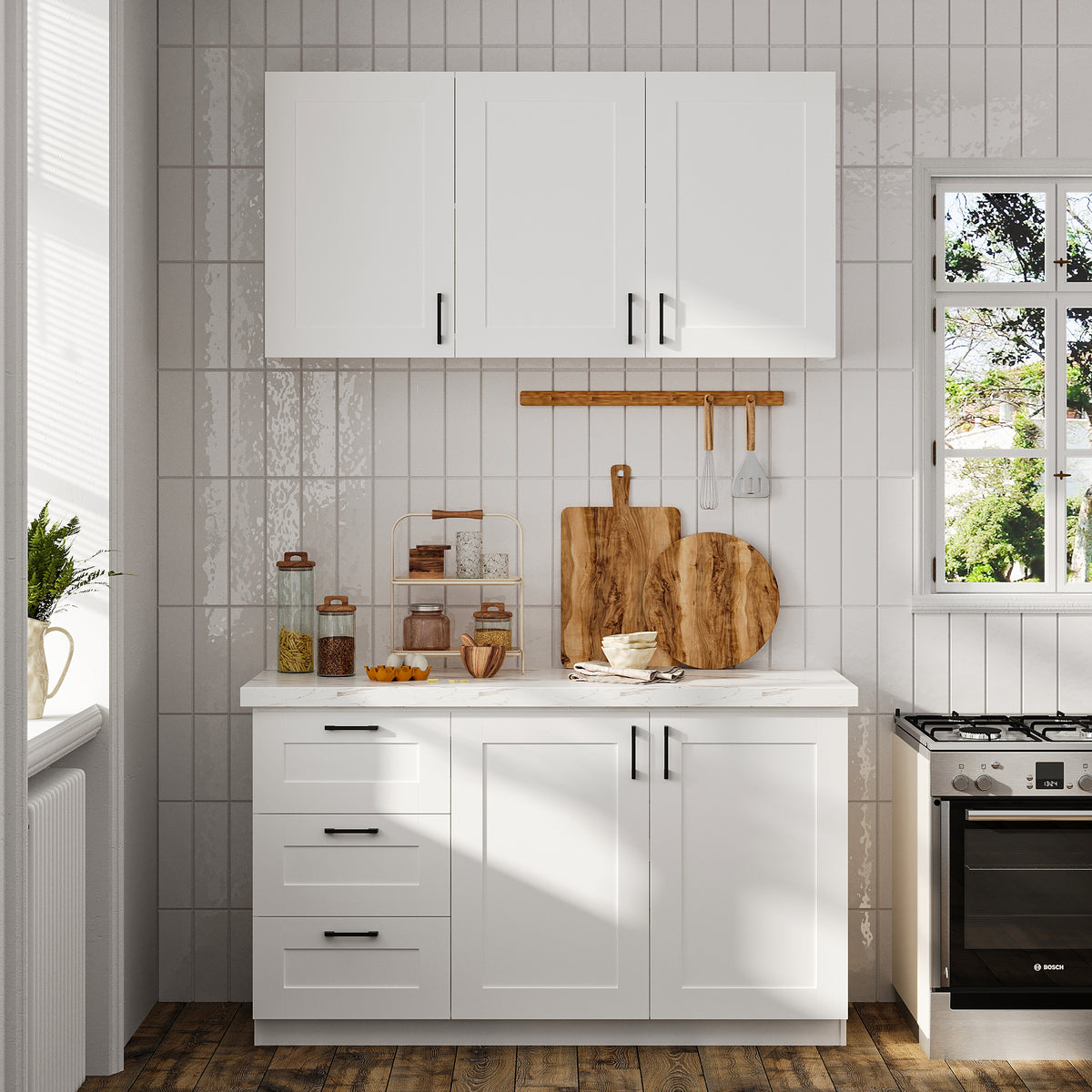 60" White Kitchen Sideboard Buffet Pantry Cabinet with Wall-Mounted Upper Storage Cabinet, 3 Drawers and Double Base Doors
