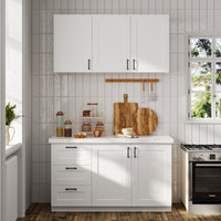 60" White Kitchen Sideboard Buffet Pantry Cabinet with Wall-Mounted Upper Storage Cabinet, 3 Drawers and Double Base Doors