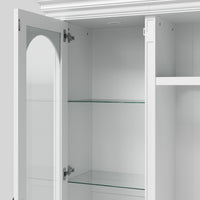 White entertainment center with open TV space, glass side cabinets, lower storage cabinets, and drawers