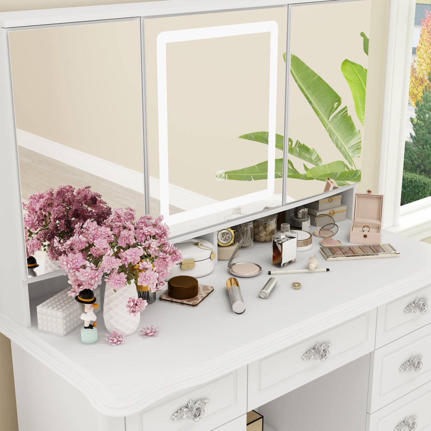 43.3" Modern Minimalist White Makeup Dressing Table with Drawers And Lamp