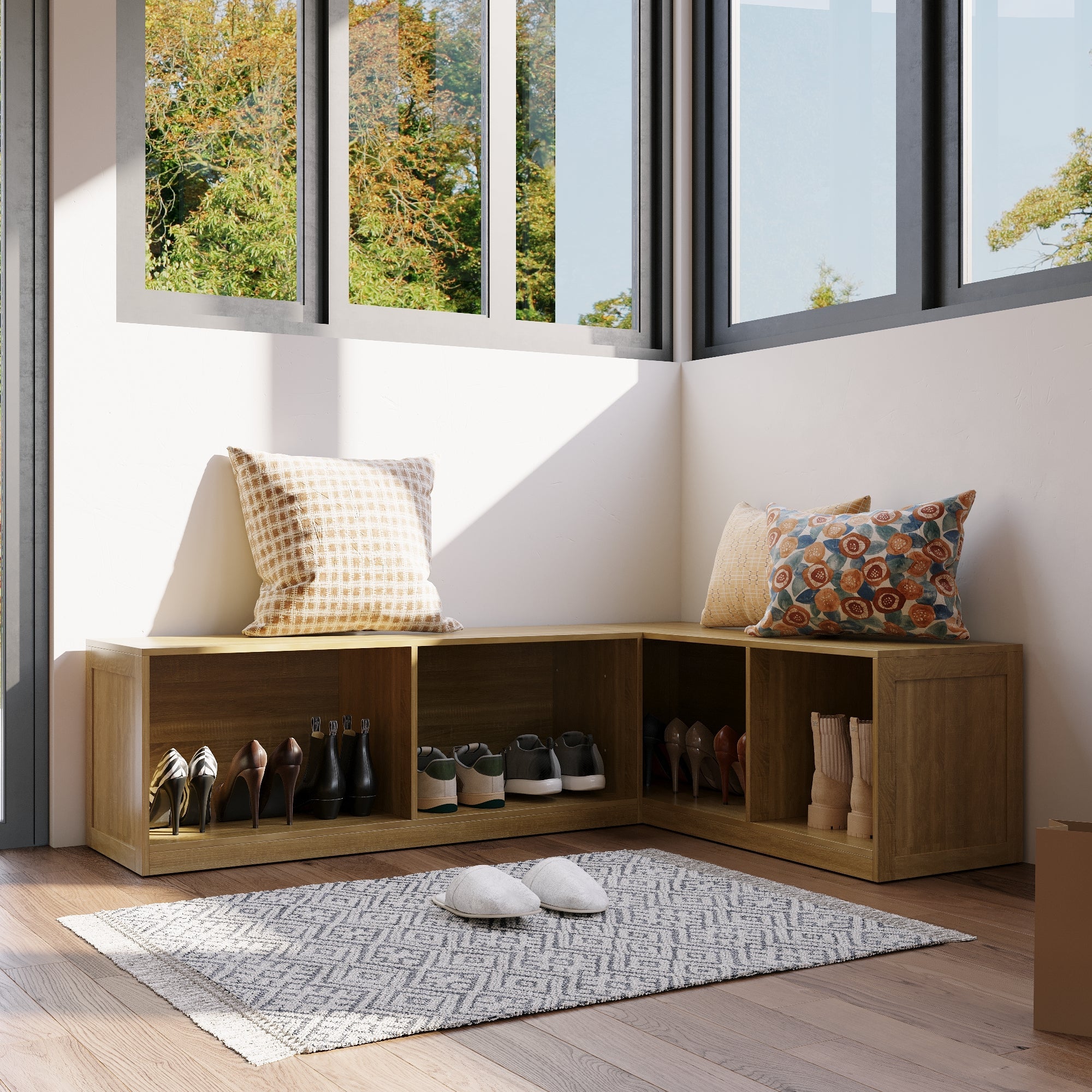 Corner Wooden Bench With Storage Compartments For Shoes And Home Decor