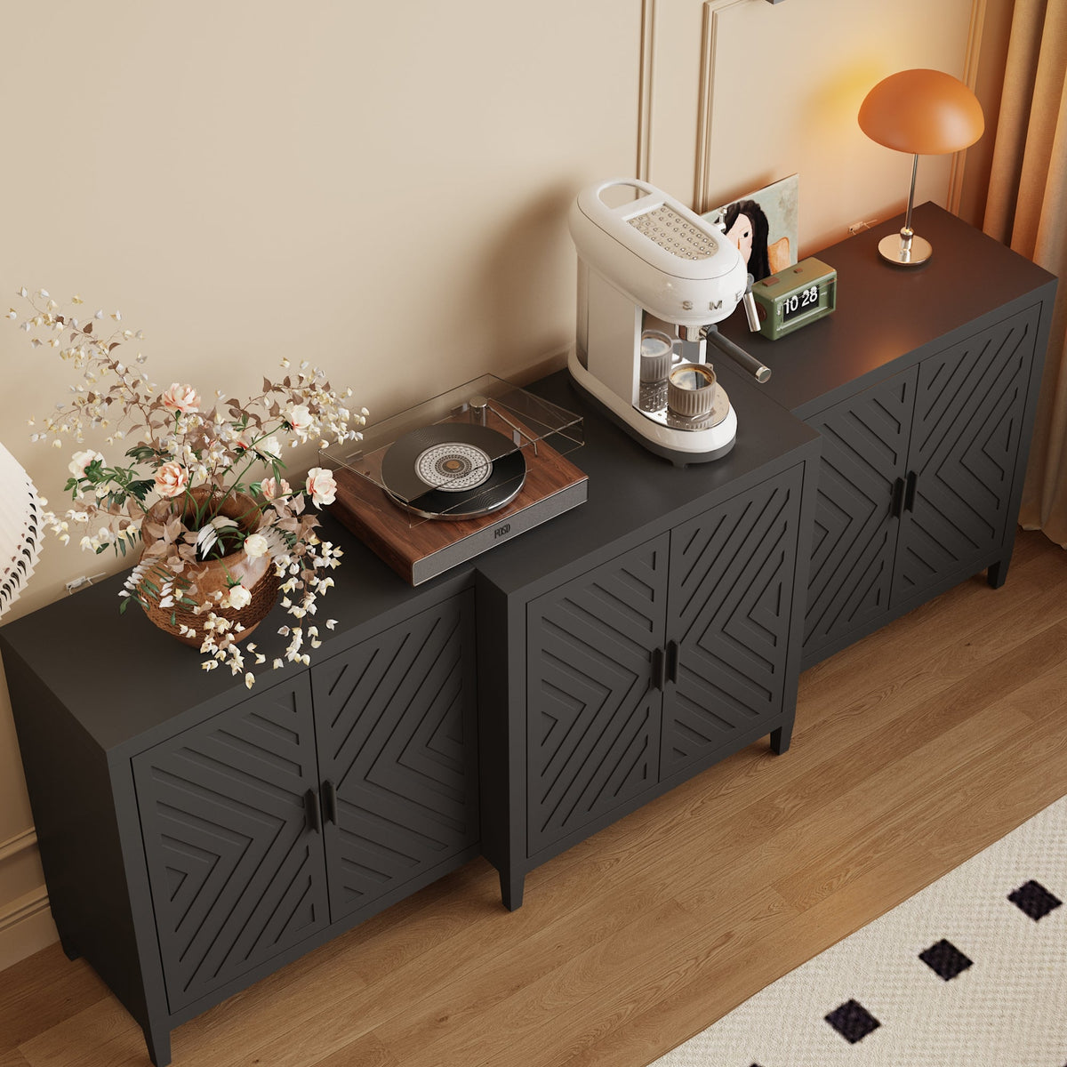 94.5" Modern Black 6-Door Storage Cabinet with Strong Storage