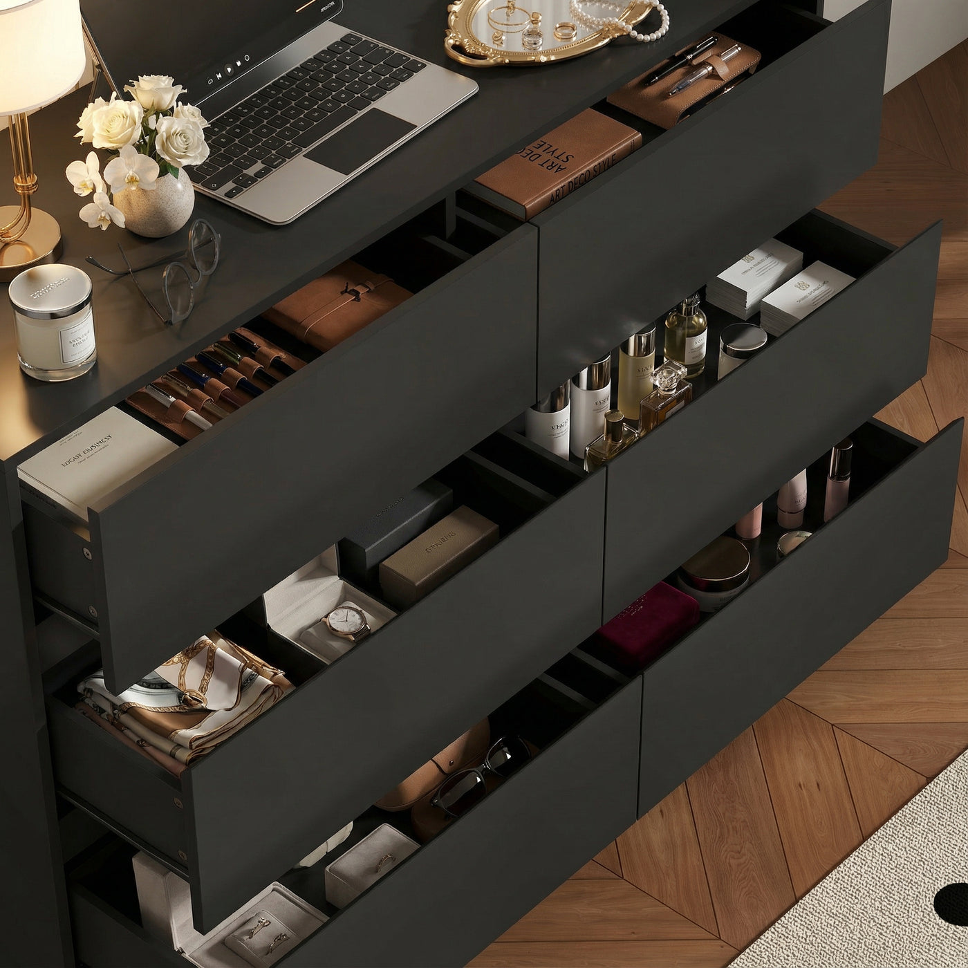 51.2" Modern Minimalist White/Black L-Shaped Rotatable Dresser Writing Table with 6 Drawers