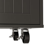 Black kitchen island with wood top, drawers, cabinet doors, towel bar, and wheels