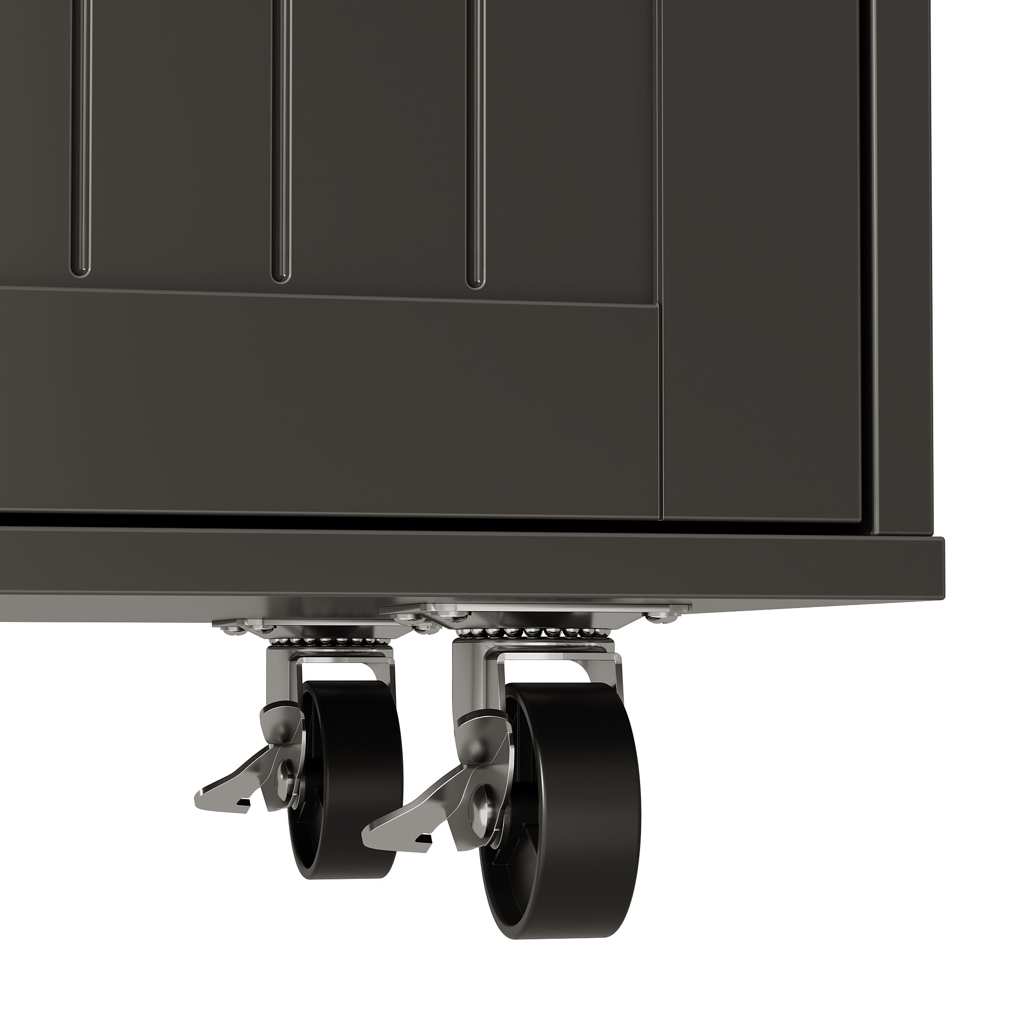 Black kitchen island with wood top, drawers, cabinet doors, towel bar, and wheels