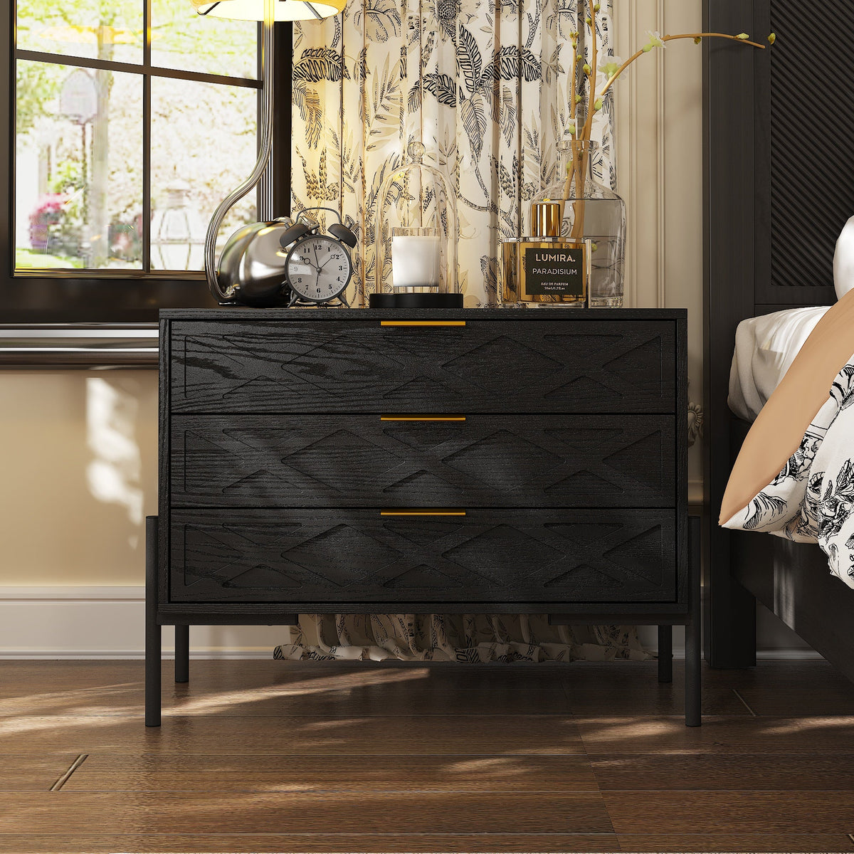 31.5" Modern Black 3-Drawer Nightstand with Metal Legs
