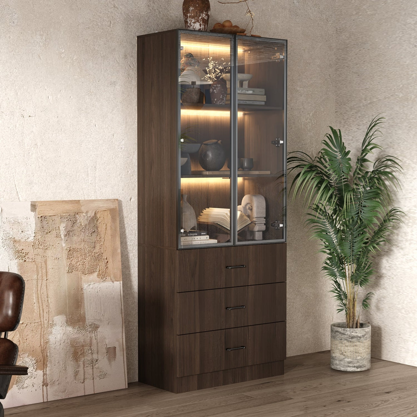 Geyma 31.5" Modern Brown Display Cabinet with Glass Doors, LED Lights and 3 Drawers