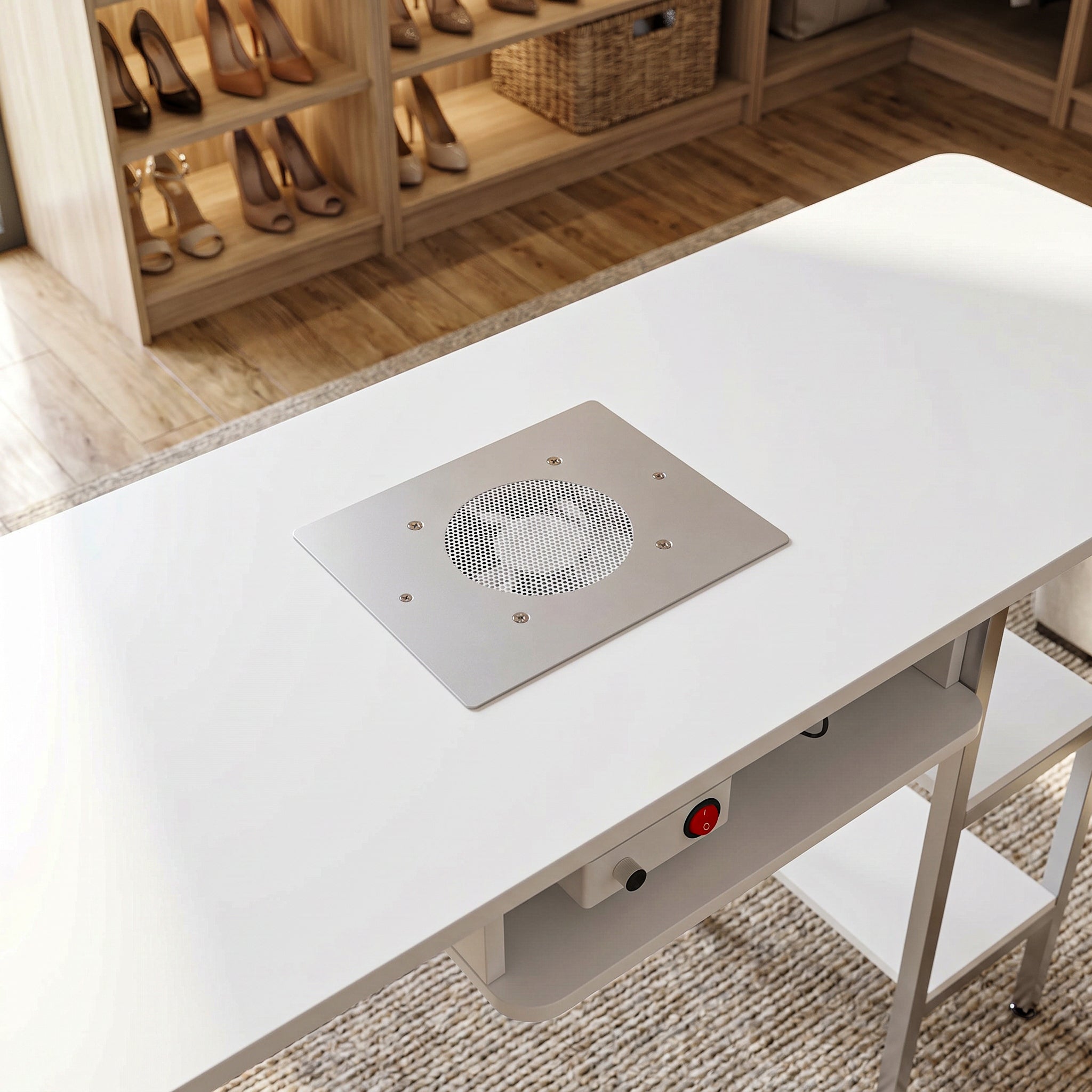 43.3". Modern White Manicure Table with Built-In Dust Collector and Rotating Storage Shelves