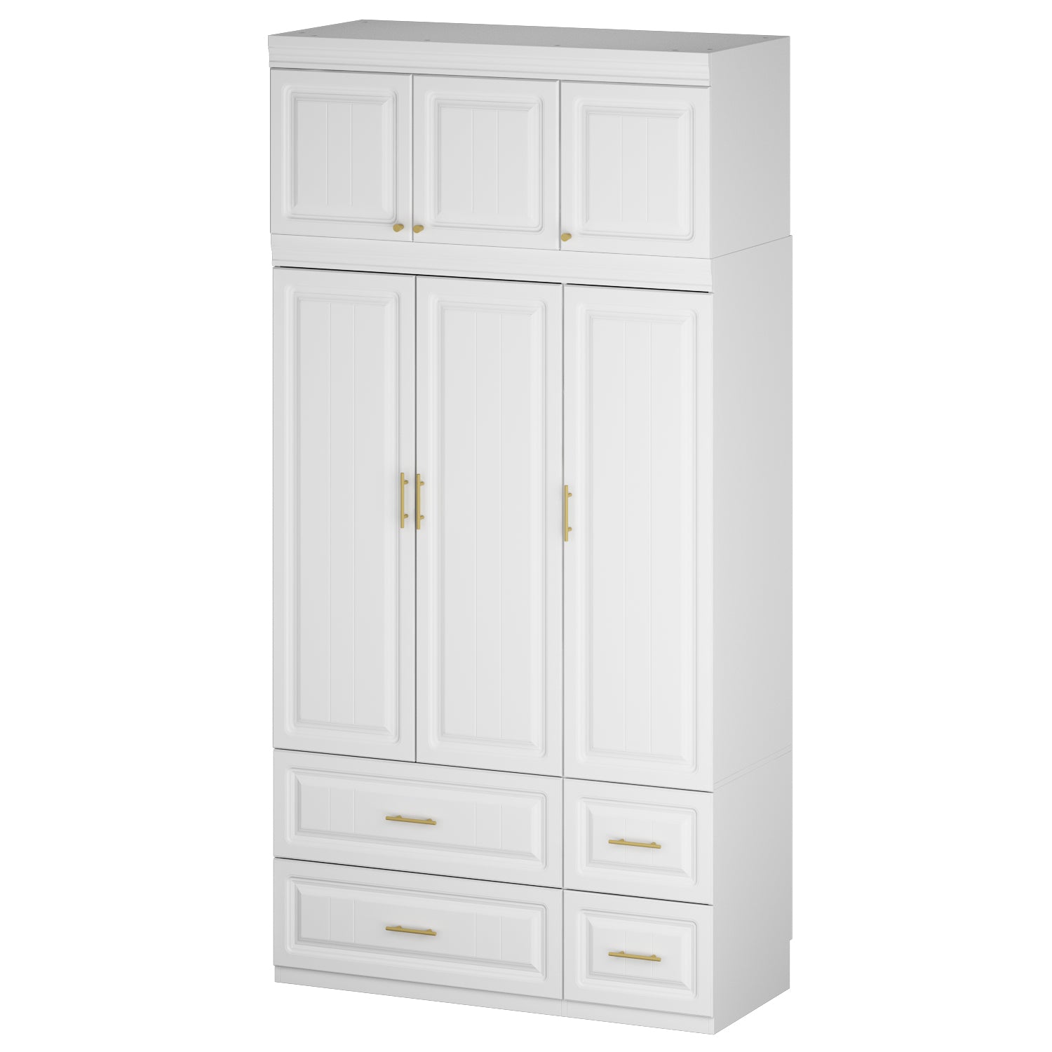 47.2 inches Modern White MDF Armoire with 3-Door Top Cabinet, Aluminum Hanging Rod, Quiet Glide Drawers and Anti-Tip Hardware