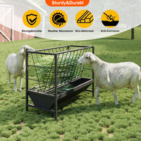 Sheep feeder with two sheep eating grass in a field, featuring durability icons above