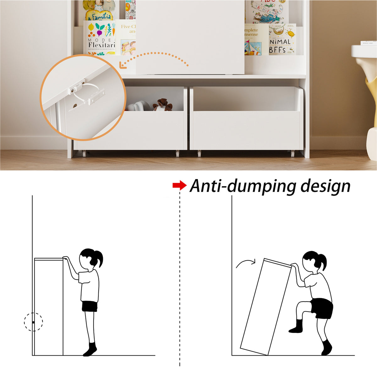 39.4" Modern White Kids Bookcase with Magnetic Whiteboard Doors