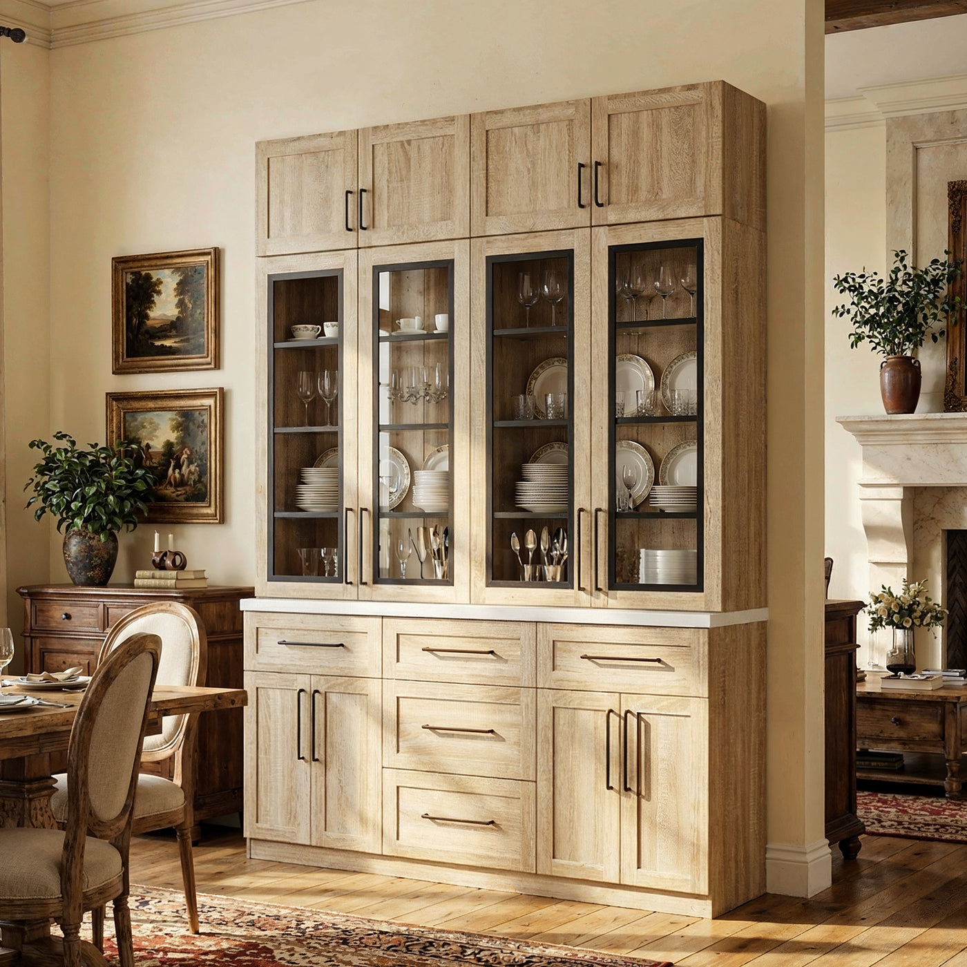 70.8" Oak Grain Engineered Wood Tall Food Pantry Cabinet with Upper Solid Doors, Middle Glass Display Doors & Multi-Drawer Storage Base