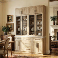 70.8" Oak Grain Engineered Wood Tall Food Pantry Cabinet with Upper Solid Doors, Middle Glass Display Doors & Multi-Drawer Storage Base