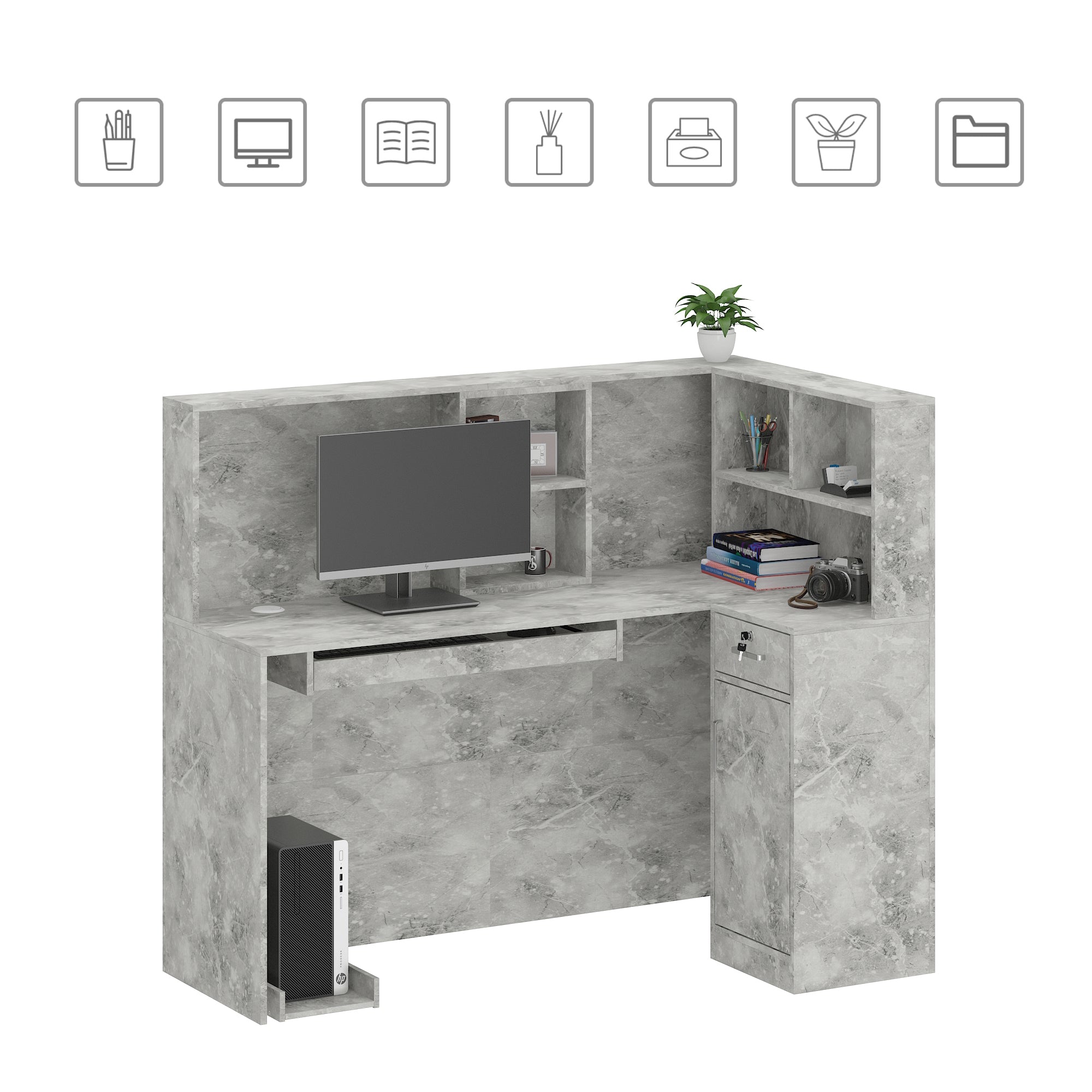 L-Shaped Reception Desk with Large Storage Filing Cabinets