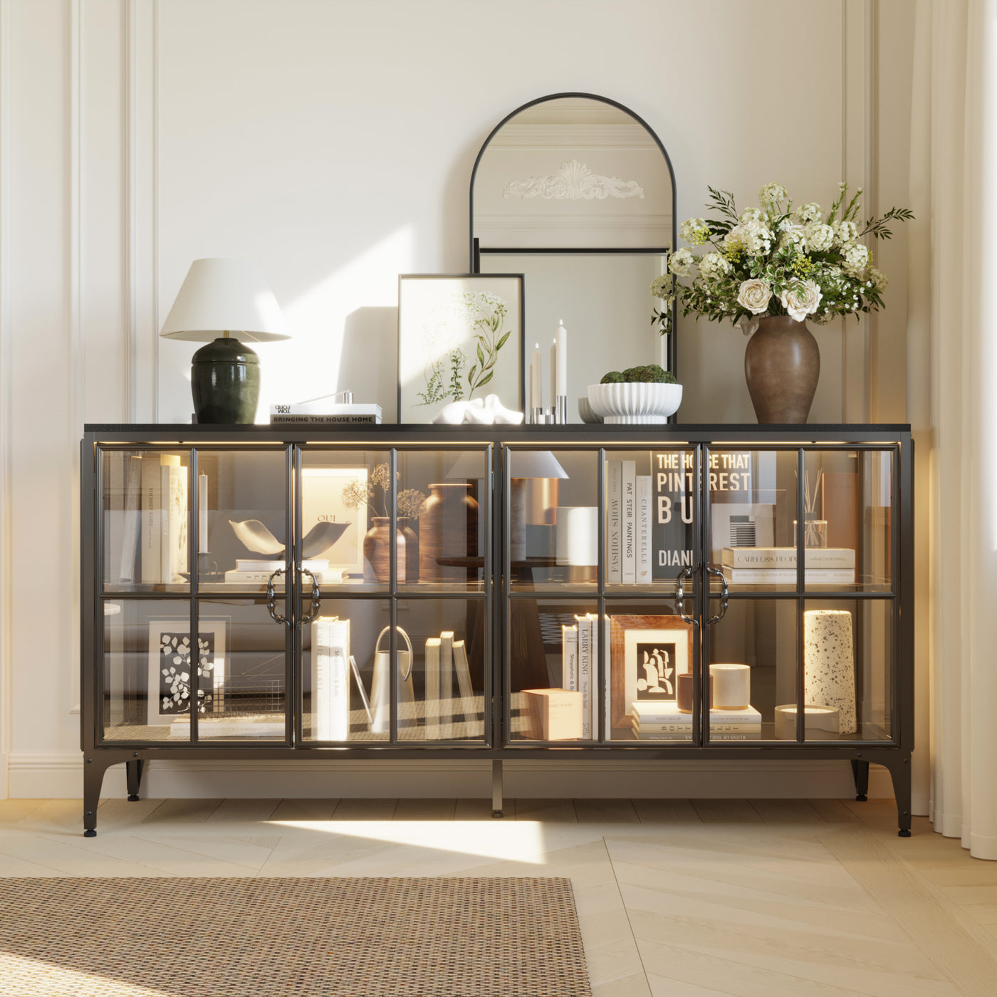 63" Modern Brown Sideboard Buffet Cabinet with 4 Doors and Gold Accents