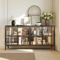 63" Modern Brown Sideboard Buffet Cabinet with 4 Doors and Gold Accents