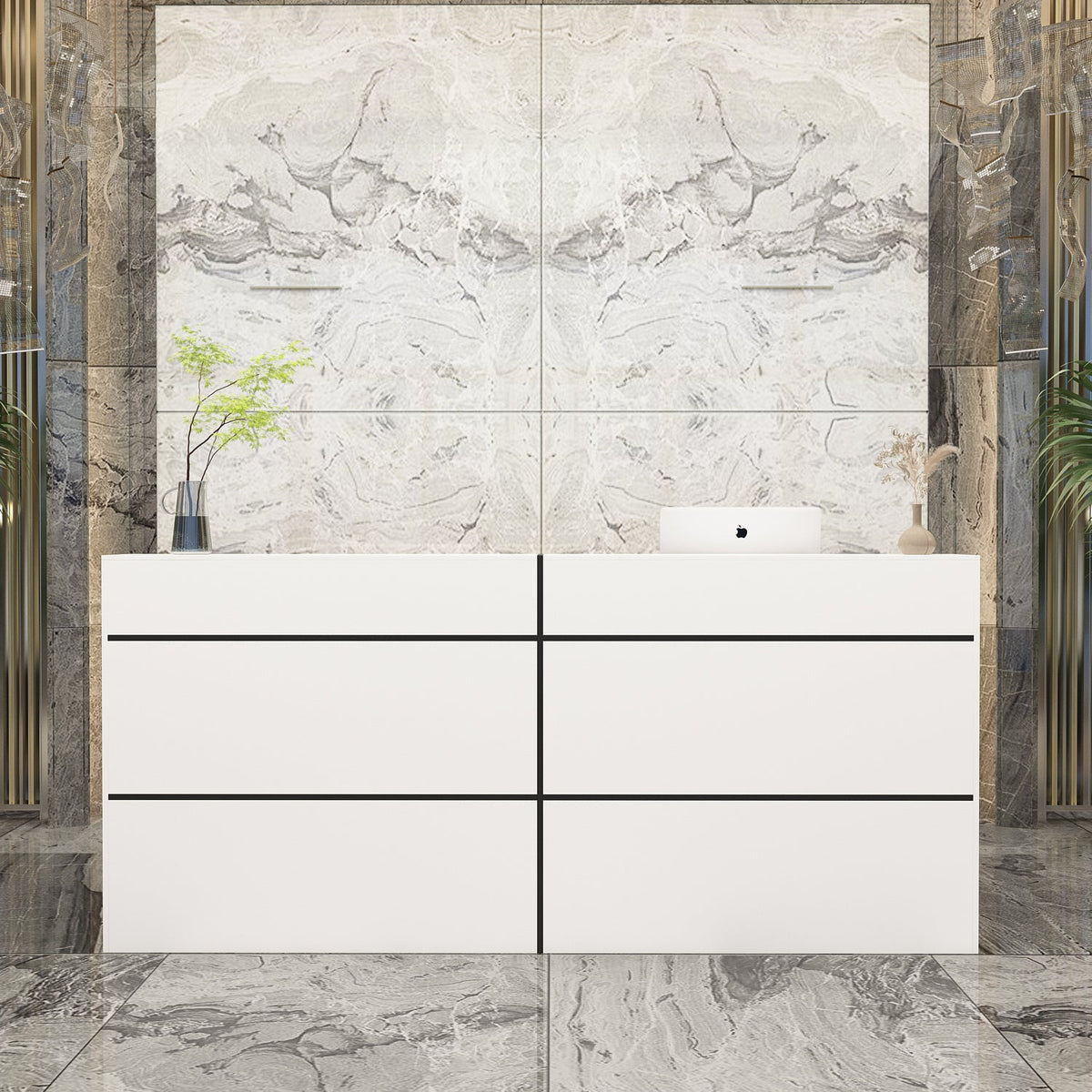 86.6" Contemporary White Reception Desk With Solid And Manufactured Wood