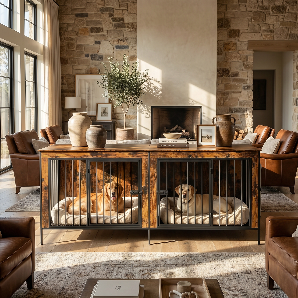 78.7" Rustic Wood Double Dog Crate End Table with Divider & Raised Legs