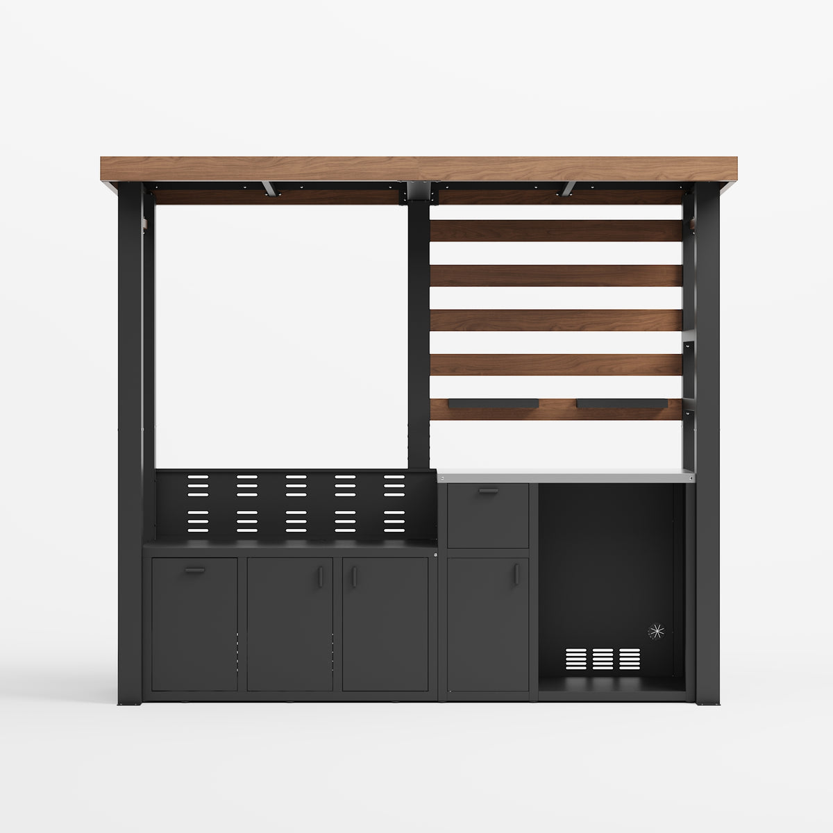 Outdoor furniture set with wooden top and black base on a white background