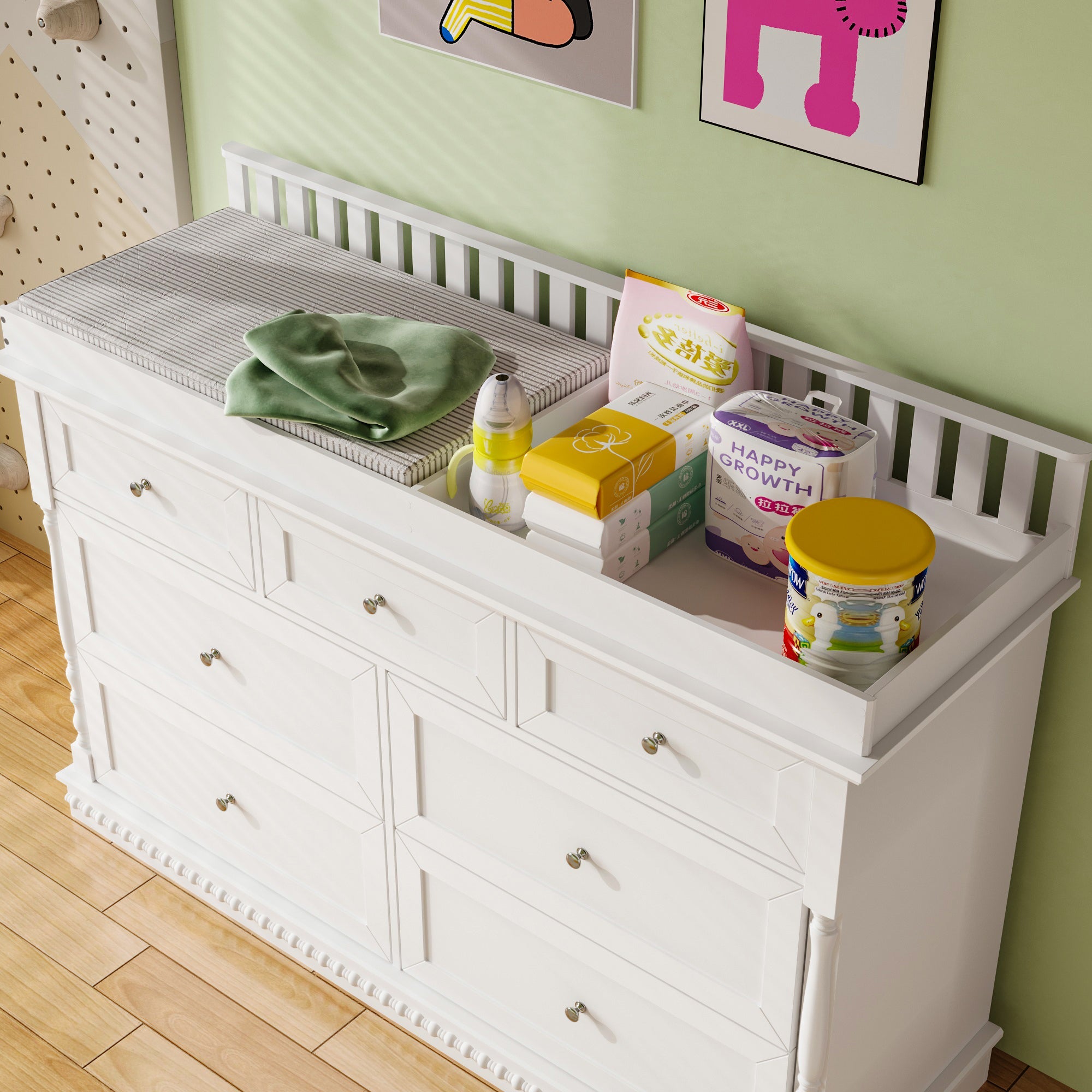 Chest Nursery Dresser Changing Table Top – 7-Drawer Baby Storage Organizer for Diapers and Clothes