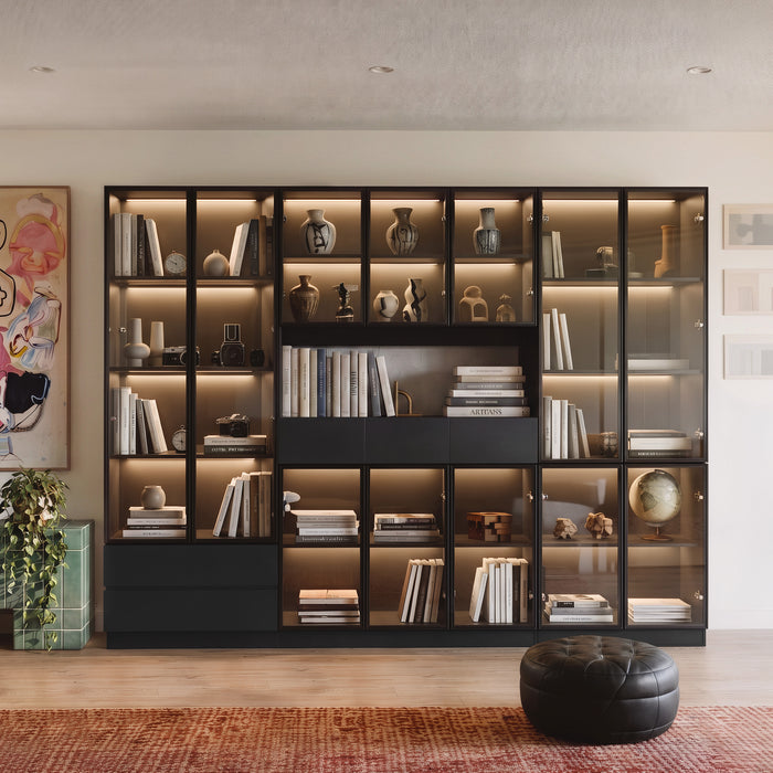 110.2" Modern White/Black Bookcase with Glass Doors, LED Lights and 5 Drawers