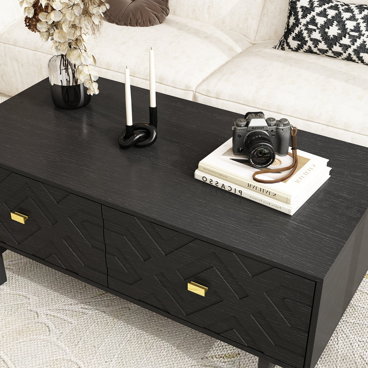 47.2" Modern Black Coffee Table with 4 Drawers