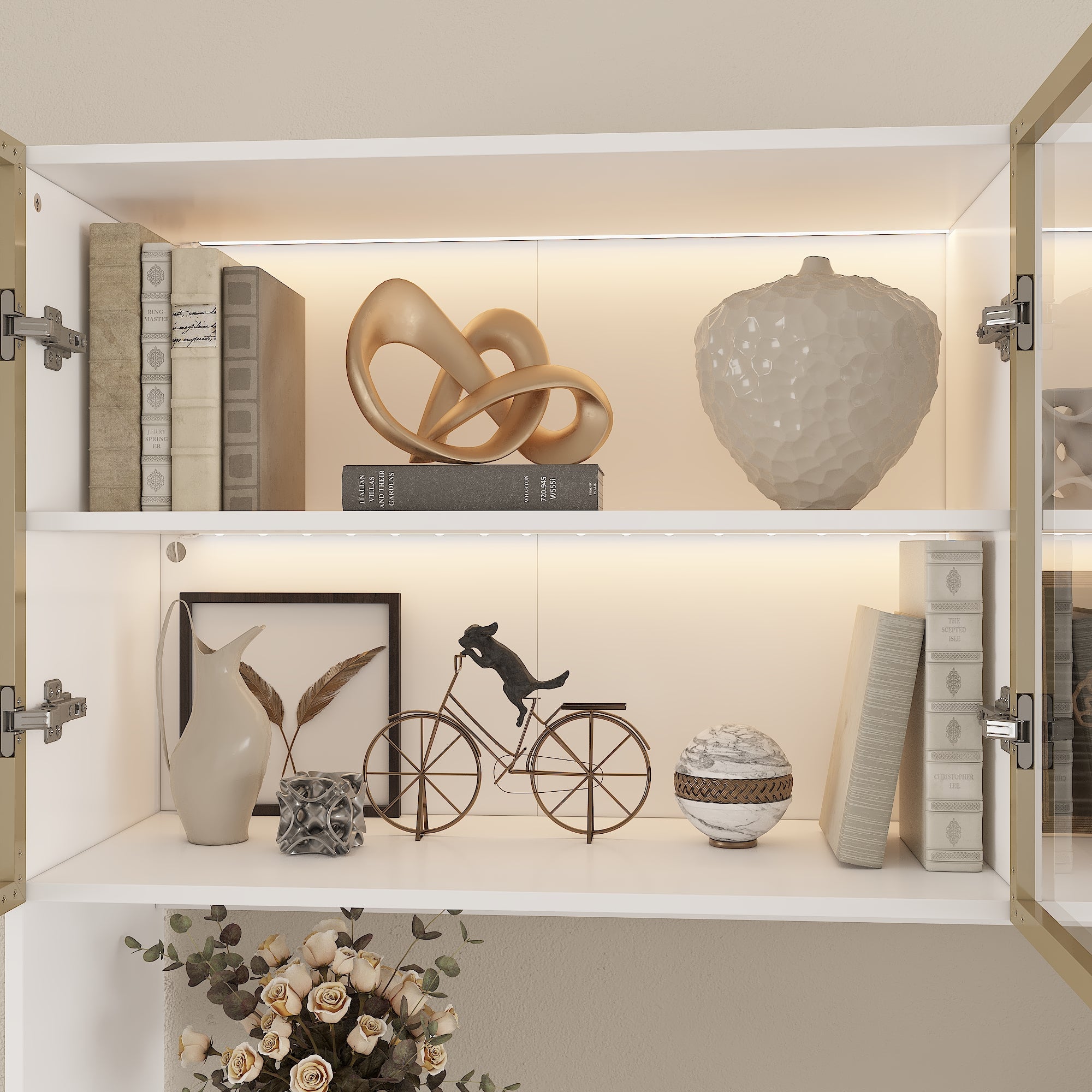 Three Drawers Bathroom Linen Cabinet With Tempered Glass Doors And Light