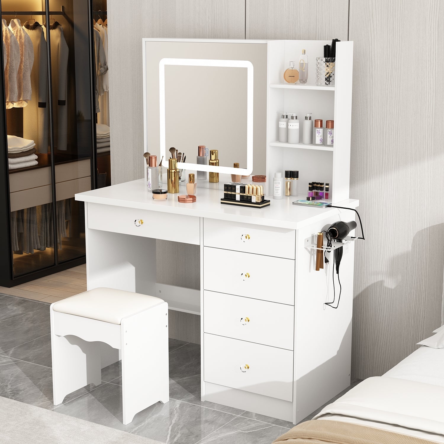 Makeup Vanity Desk with Lighted Mirror and Outlet