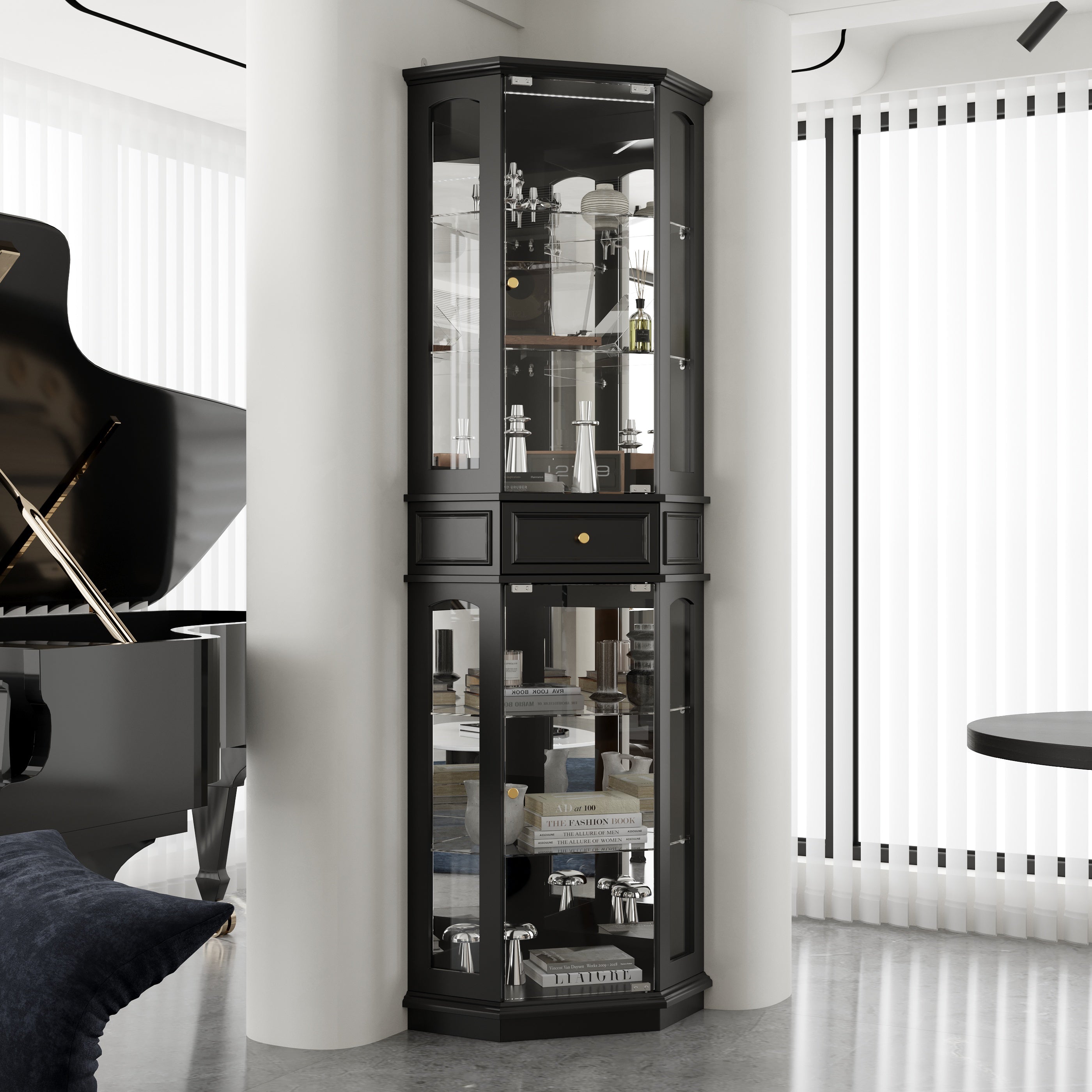 Black tall display cabinet with glass doors and center drawer