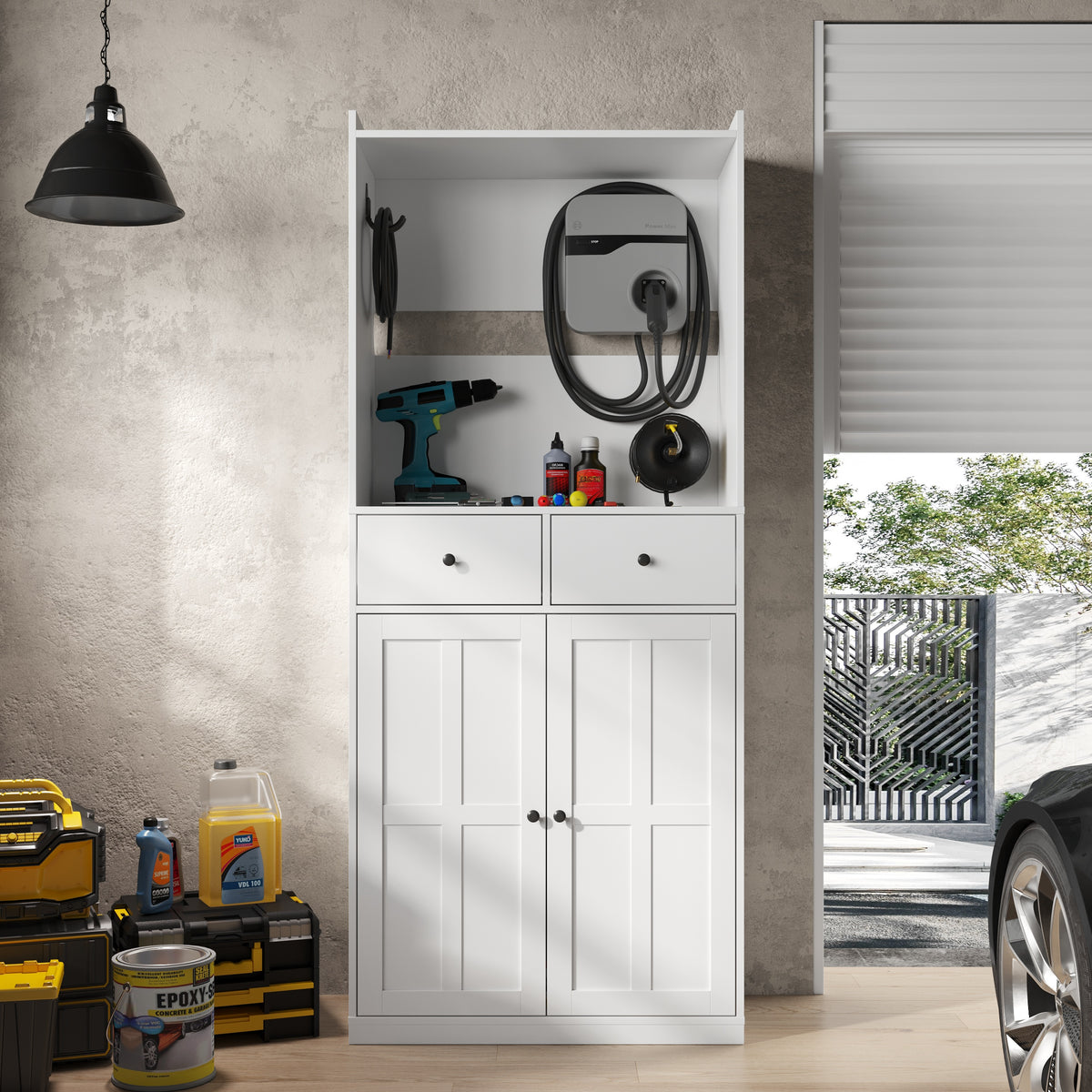 31.5'' Modern White EV Charger Cabinet with Cable Hooks, 2 Drawers and Storage Cabinet