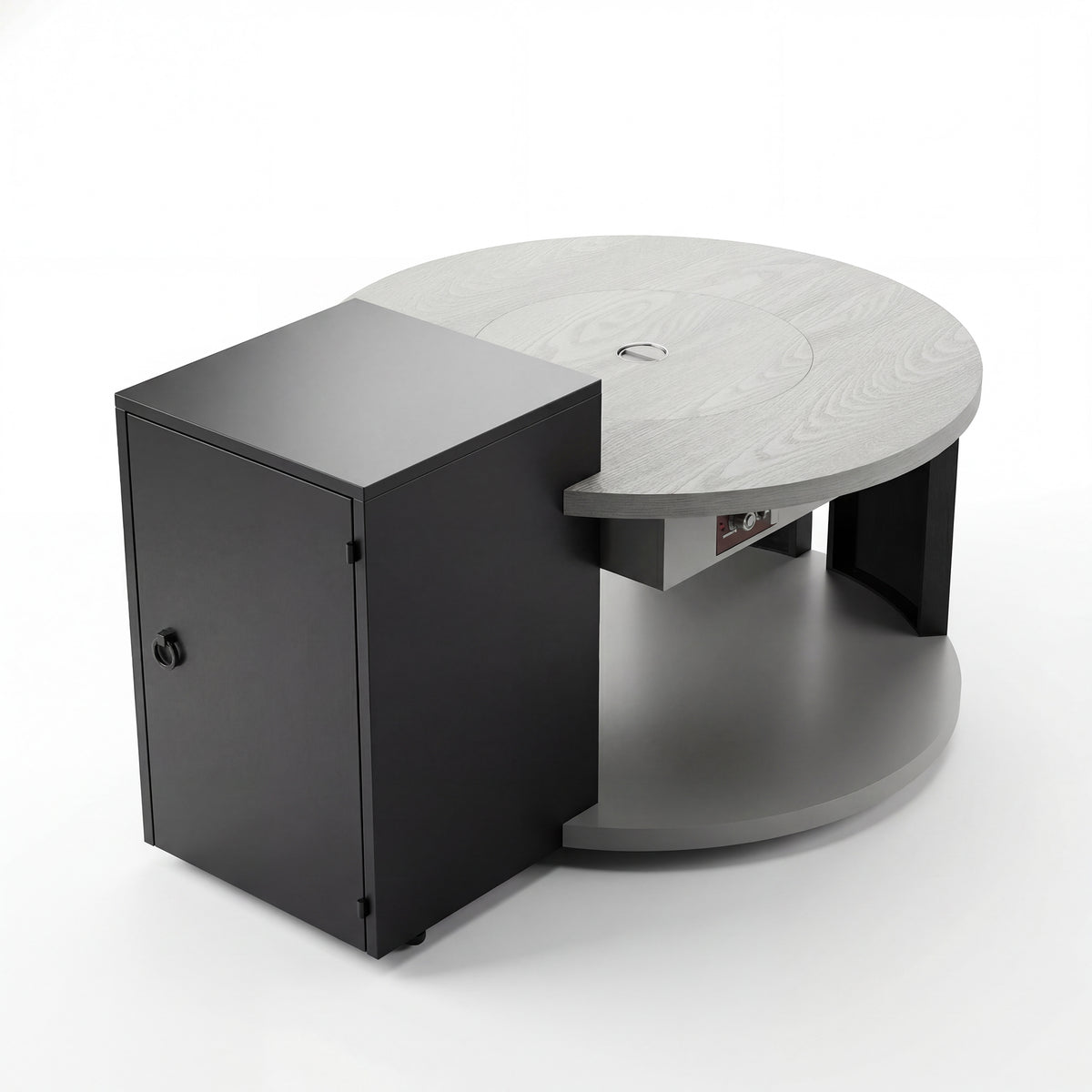 Modern black and gray side table with a round top on a white background