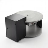 Modern black and gray side table with a round top on a white background