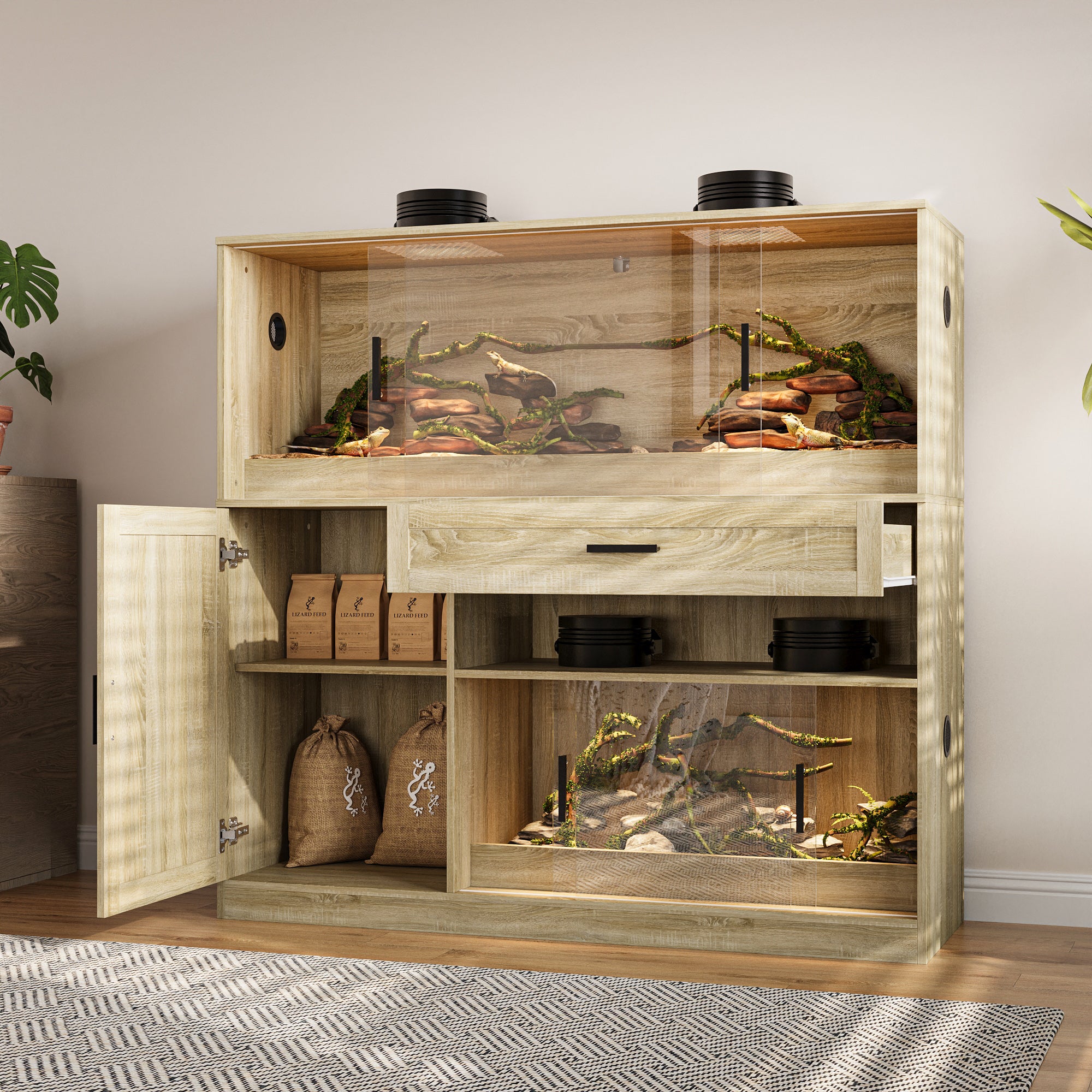 Dual-Zone Reptile Terrarium With Tempered Glass & Storage Cabinet