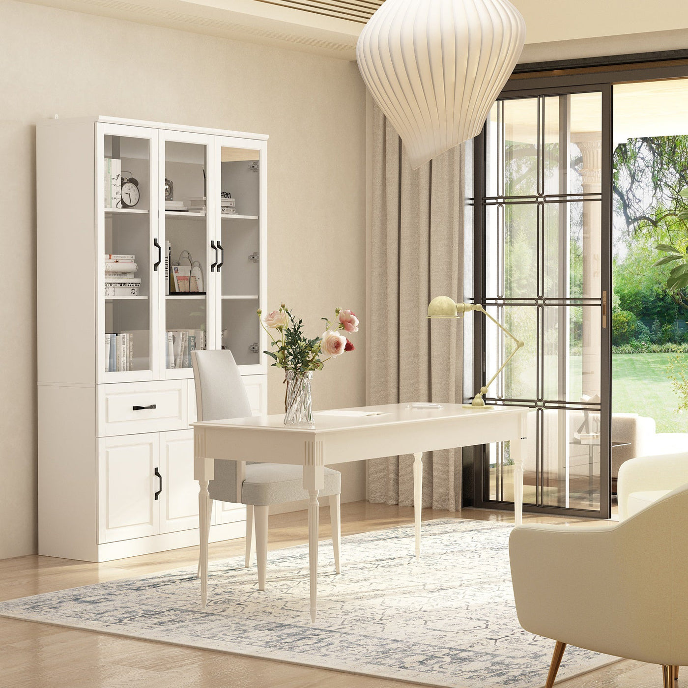Vila 47" Classic White Display Cabinet & Bookcase with 2 Drawers and Glass Doors