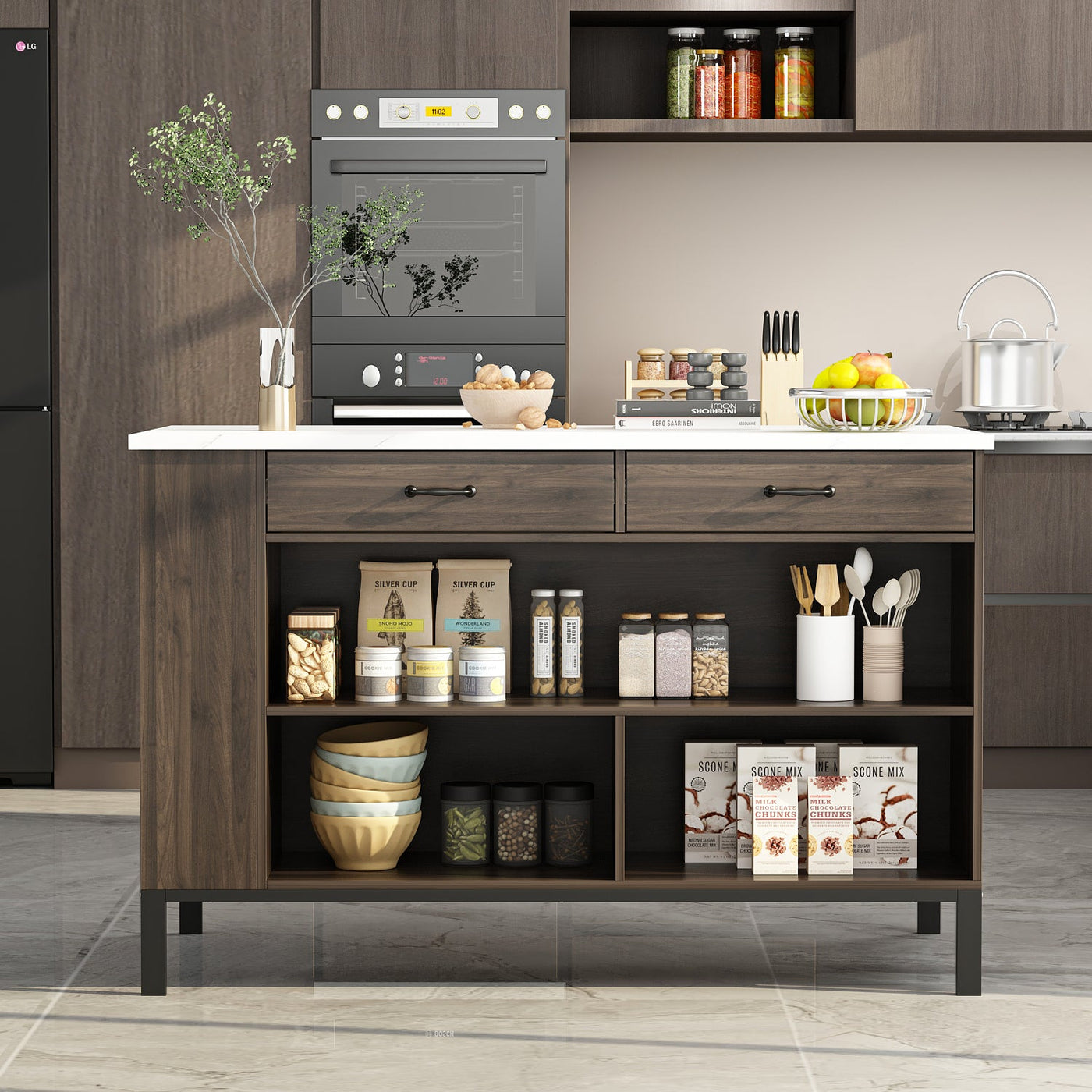 55.1" Modern Kitchen Island with 2 Drawers and Open Storage Shelves