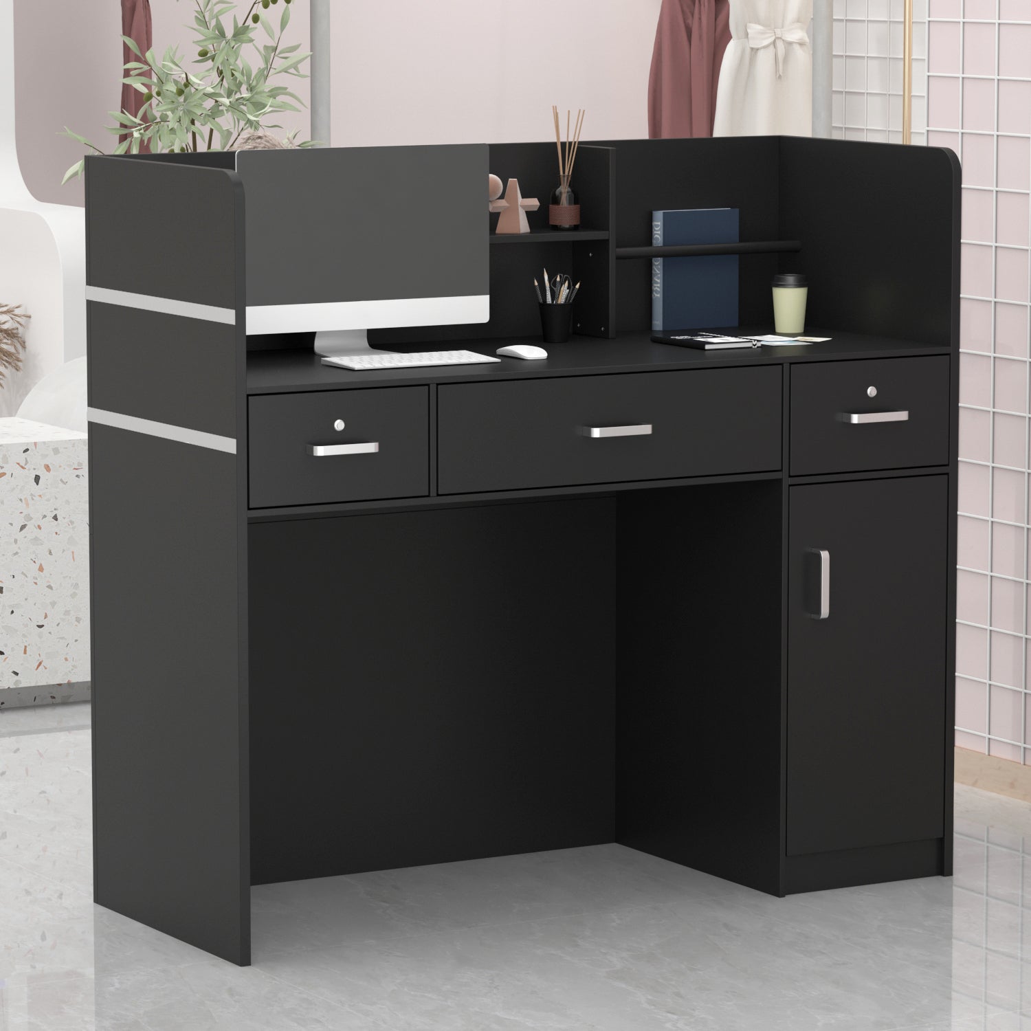 Modern Wooden Reception Desk Computer Table with Filing Cabinet Lockable Storage 47"W