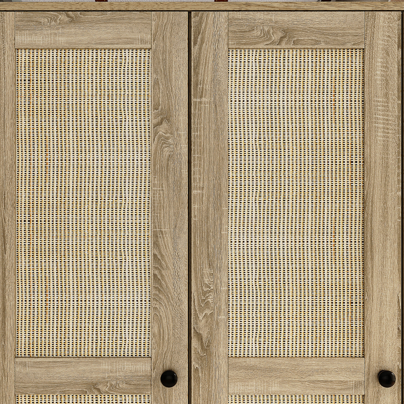 63" Rustic 4-Door Wardrobe Armoire with Rattan Paneling, 6 Drawers & 2 Hanging Rods