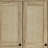 63 inch Rustic 4-Door Wardrobe Armoire with Rattan Paneling, 6 Drawers & 2 Hanging Rods