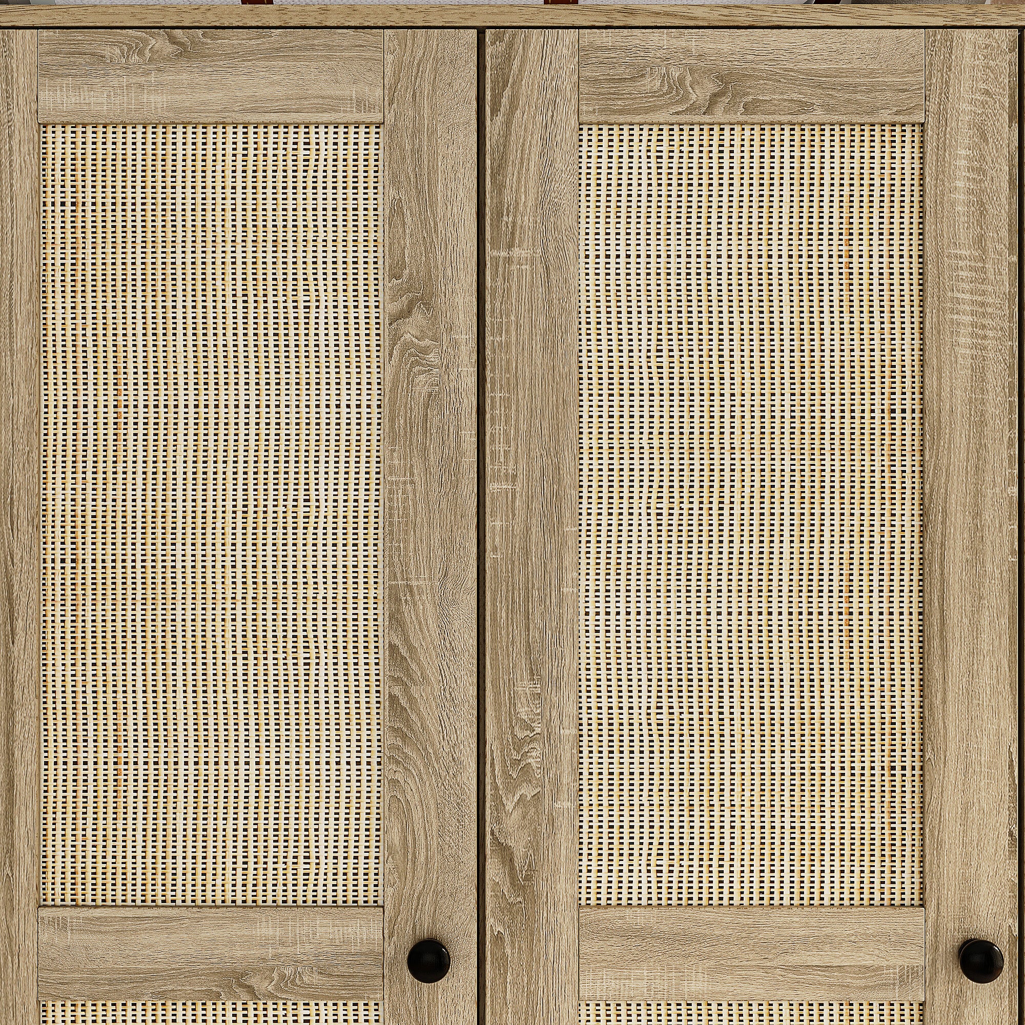 Rustic Four-Door Wardrobe With Rattan Paneling And Six-Drawer Storage
