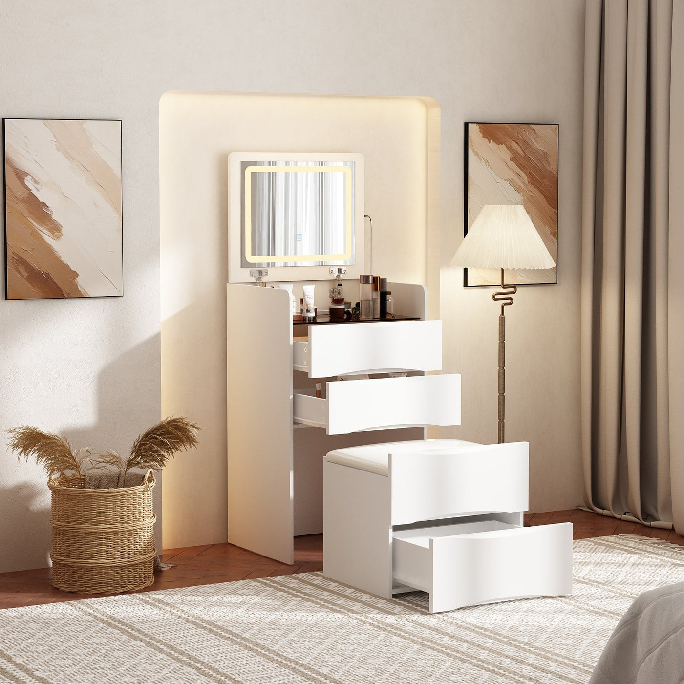 18.7" Modern White Makeup Vanity Desk with Lights and Flip Mirror