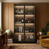 31.5" Modern Black/white 4-Tier Display Cabinet with Lights and Glass Doors