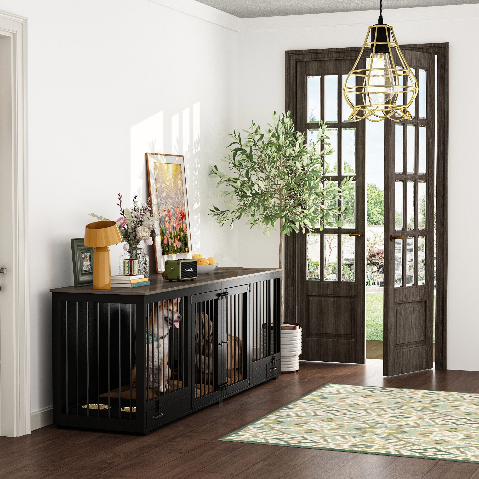 Large Dog Crate Furniture With Pull-Out Dog Bowls And Divider