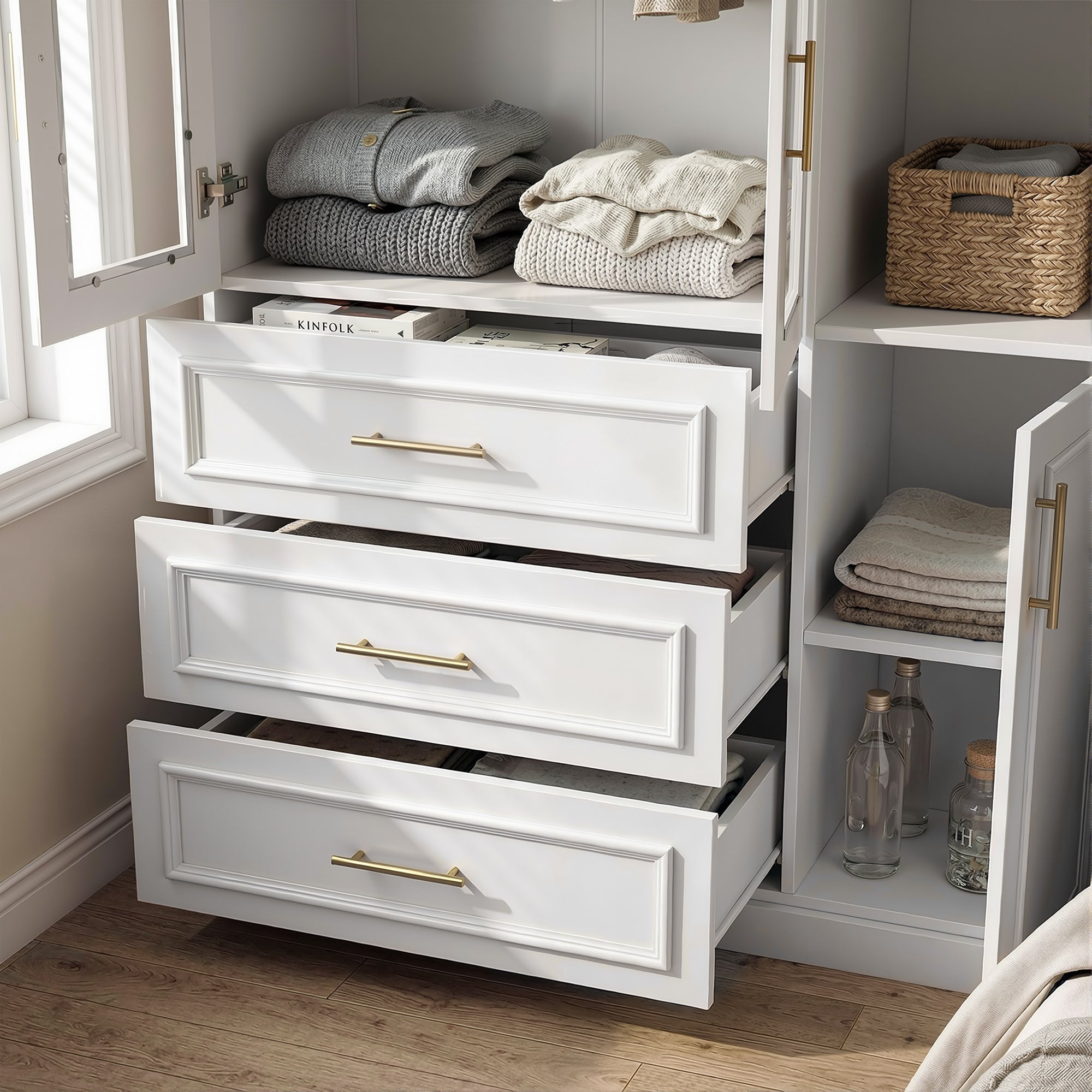 79.3 inch Luxe White Armoire with 8 Doors and 3 Drawers