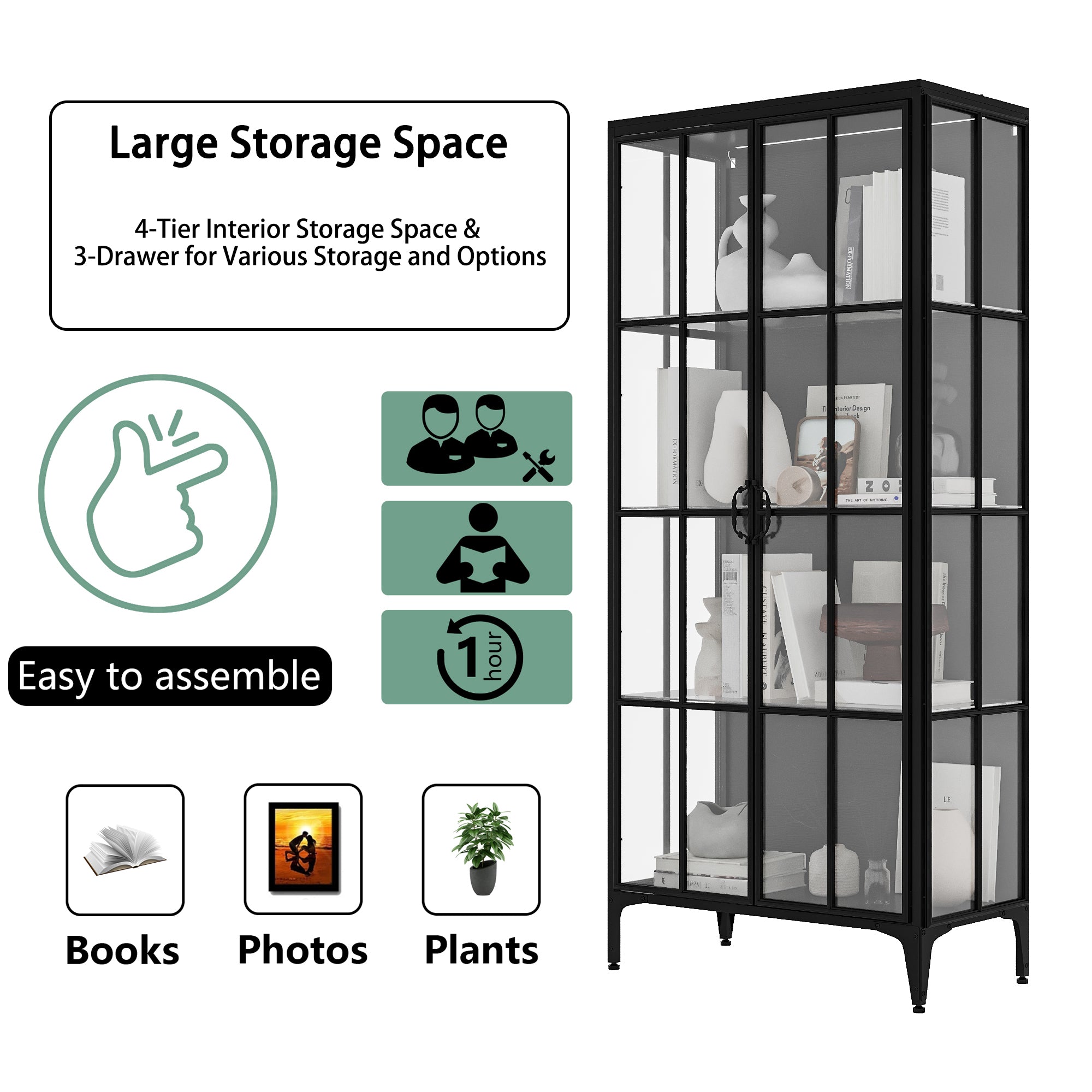 70.9" H Black Glass Display Cabinet With LED Lighting
