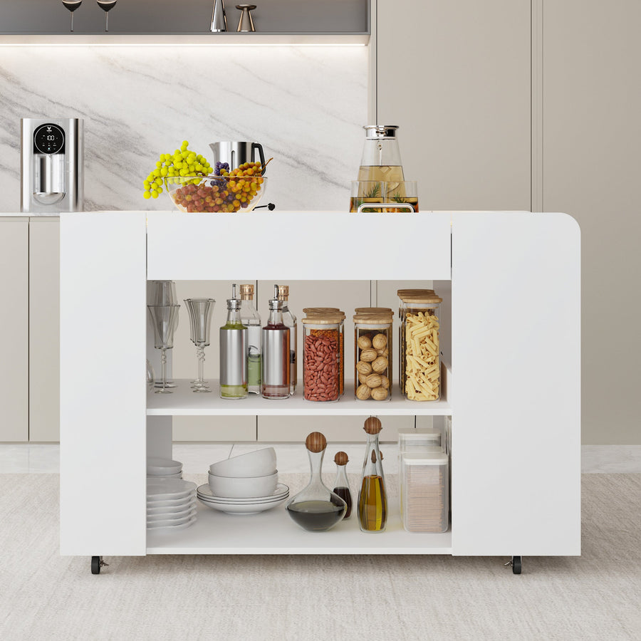 47.8" Rolling Kitchen Island Cart with Glass Top and Light