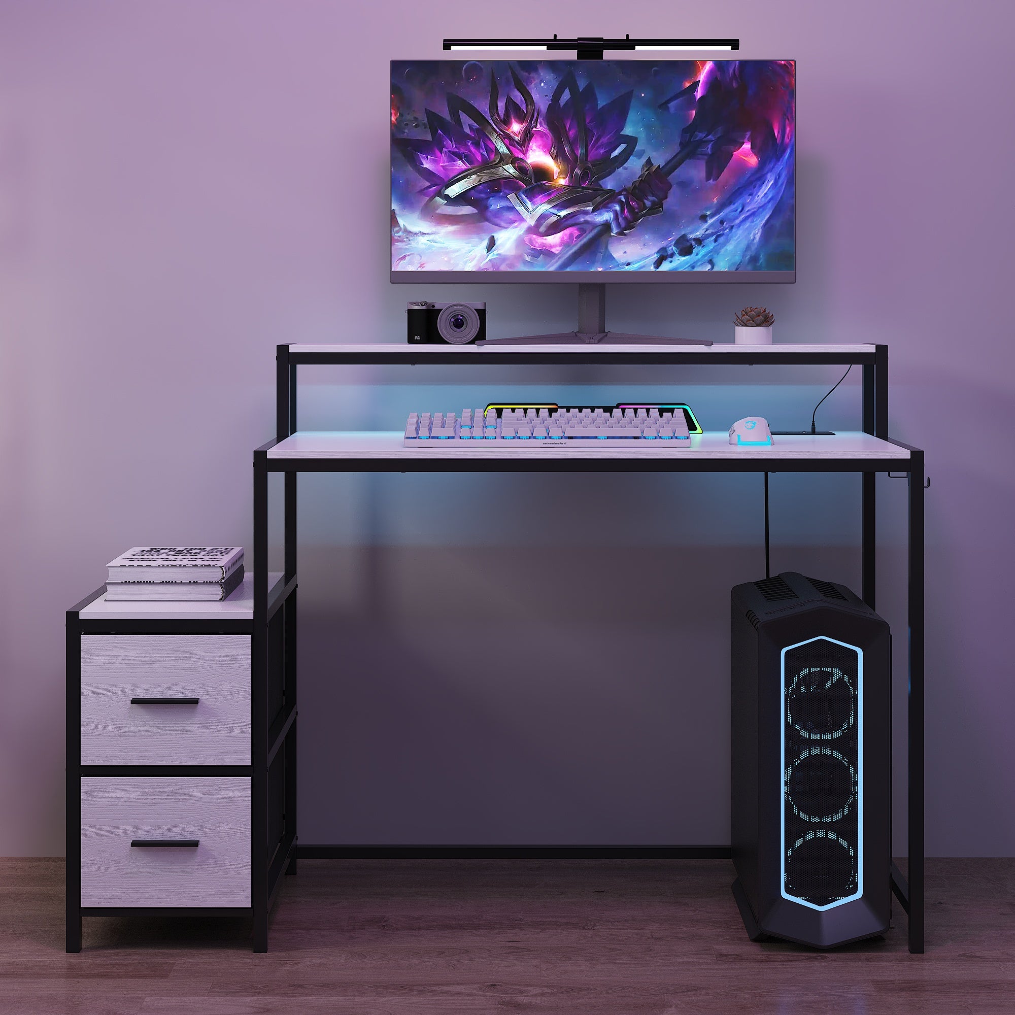 Computer Desk With Monitor Stand & Charging Station, Gaming Desk With LED Lights & Drawers