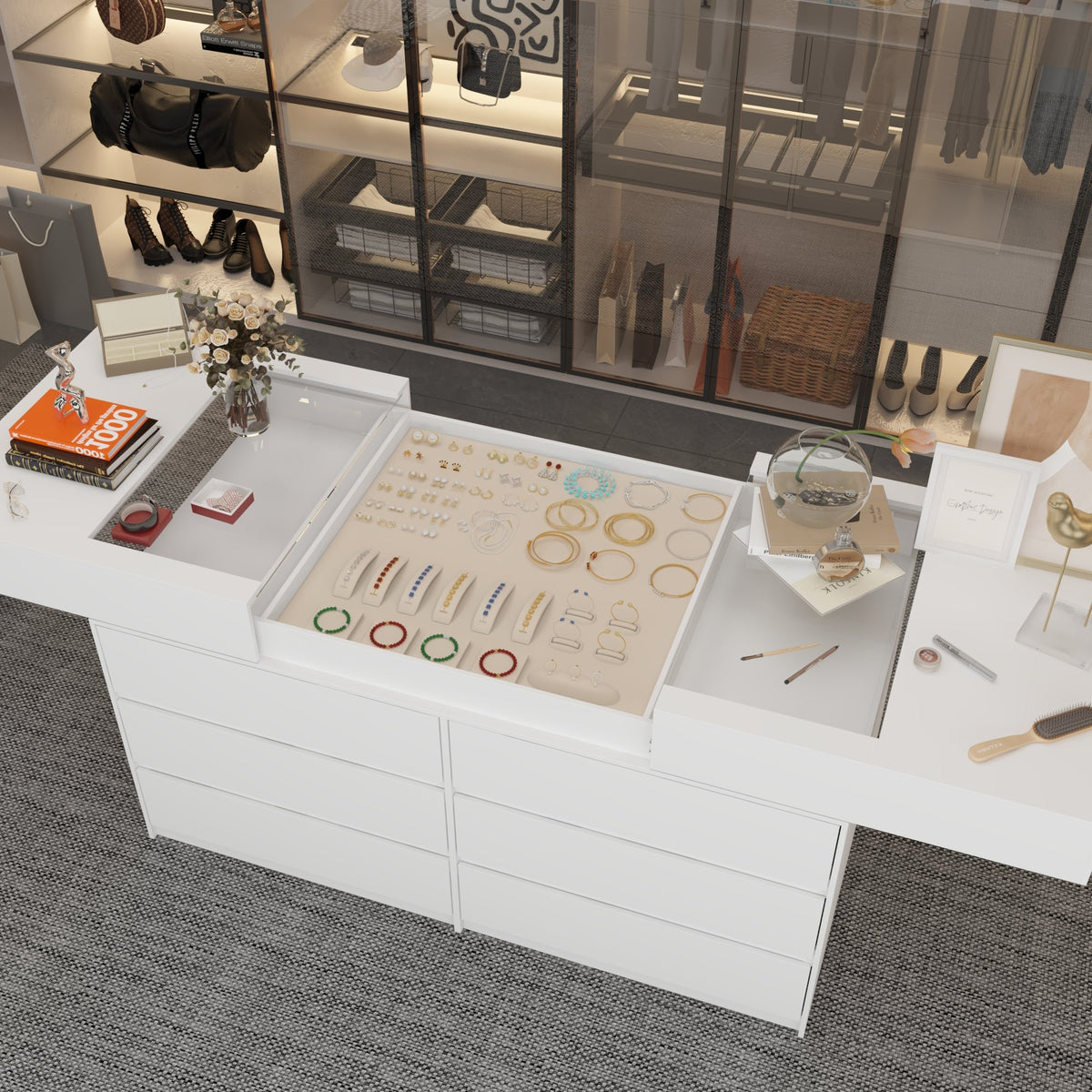 63" Modern White 1-Shelf Chest With 12 Drawers And Tempered Glass Top